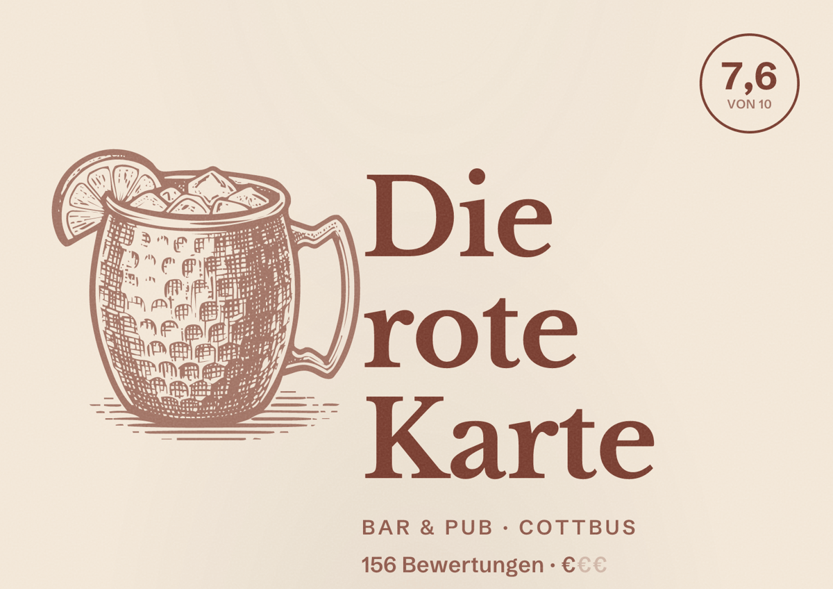 Illustriertes Poster von Die rote Karte, Bar & Pub in Cottbus: Bewertung 7,6 von 10 aus 156 Bewertungen, Preisniveau €