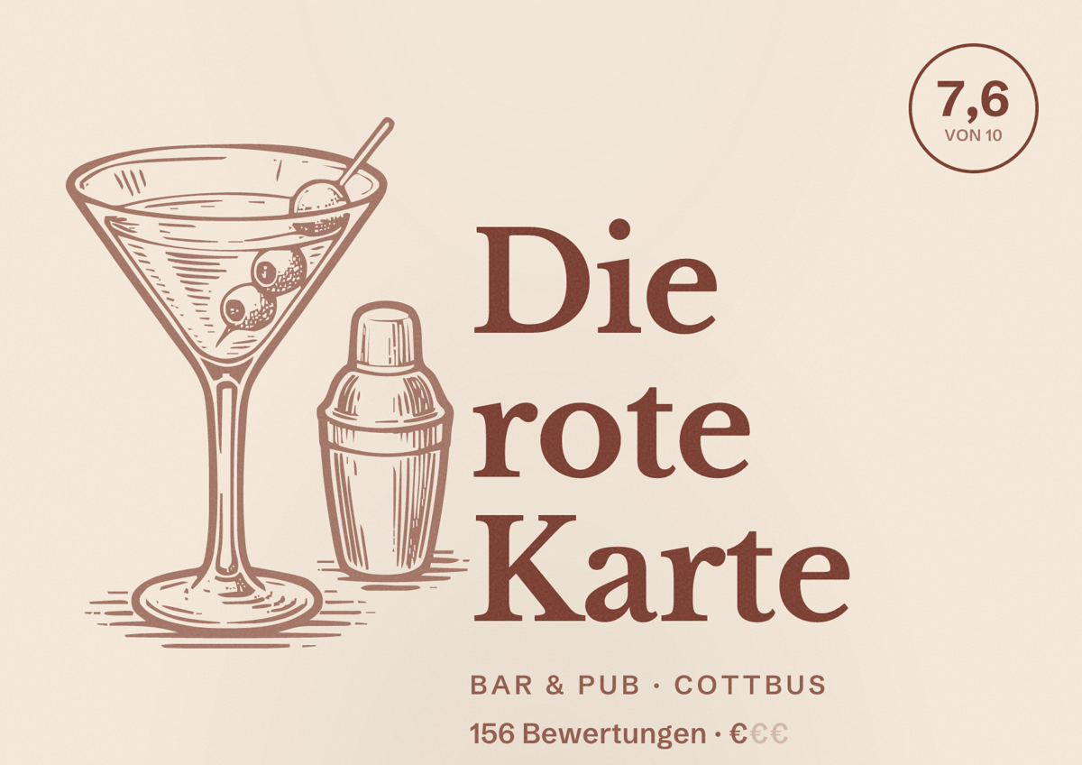 Illustriertes Poster von Die rote Karte, Bar & Pub in Cottbus: Bewertung 7,6 von 10 aus 156 Bewertungen, Preisniveau €