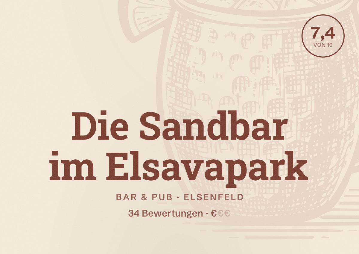 Illustriertes Poster von Die Sandbar im Elsavapark, Bar & Pub in Elsenfeld: Bewertung 7,4 von 10 aus 34 Bewertungen, Preisniveau €
