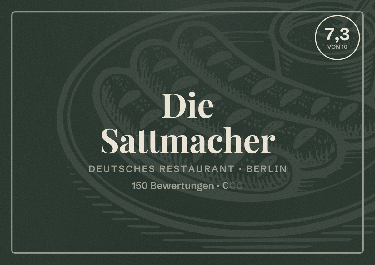 Illustriertes Poster von Die Sattmacher, Deutsches Restaurant in Berlin: Bewertung 7,3 von 10 aus 150 Bewertungen, Preisniveau €