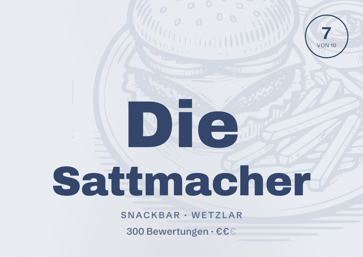 Illustriertes Poster von Die Sattmacher, Snackbar in Wetzlar: Bewertung 7 von 10 aus 300 Bewertungen, Preisniveau €€