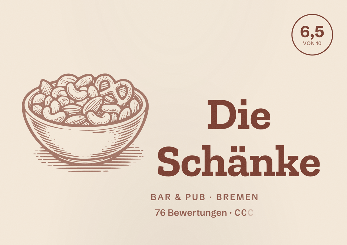 Illustriertes Poster von Die Schänke, Bar & Pub in Bremen: Bewertung 6,5 von 10 aus 76 Bewertungen, Preisniveau €€