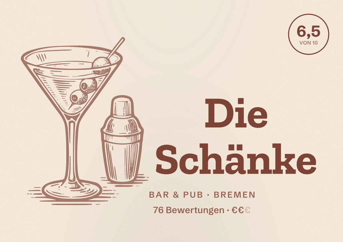 Illustriertes Poster von Die Schänke, Bar & Pub in Bremen: Bewertung 6,5 von 10 aus 76 Bewertungen, Preisniveau €€
