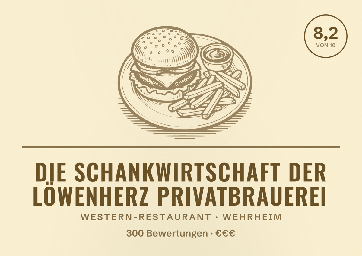 Illustriertes Poster von Die Schankwirtschaft der Löwenherz Privatbrauerei, Western-Restaurant in Wehrheim: Bewertung 8,2 von 10 aus 300 Bewertungen, Preisniveau €€€