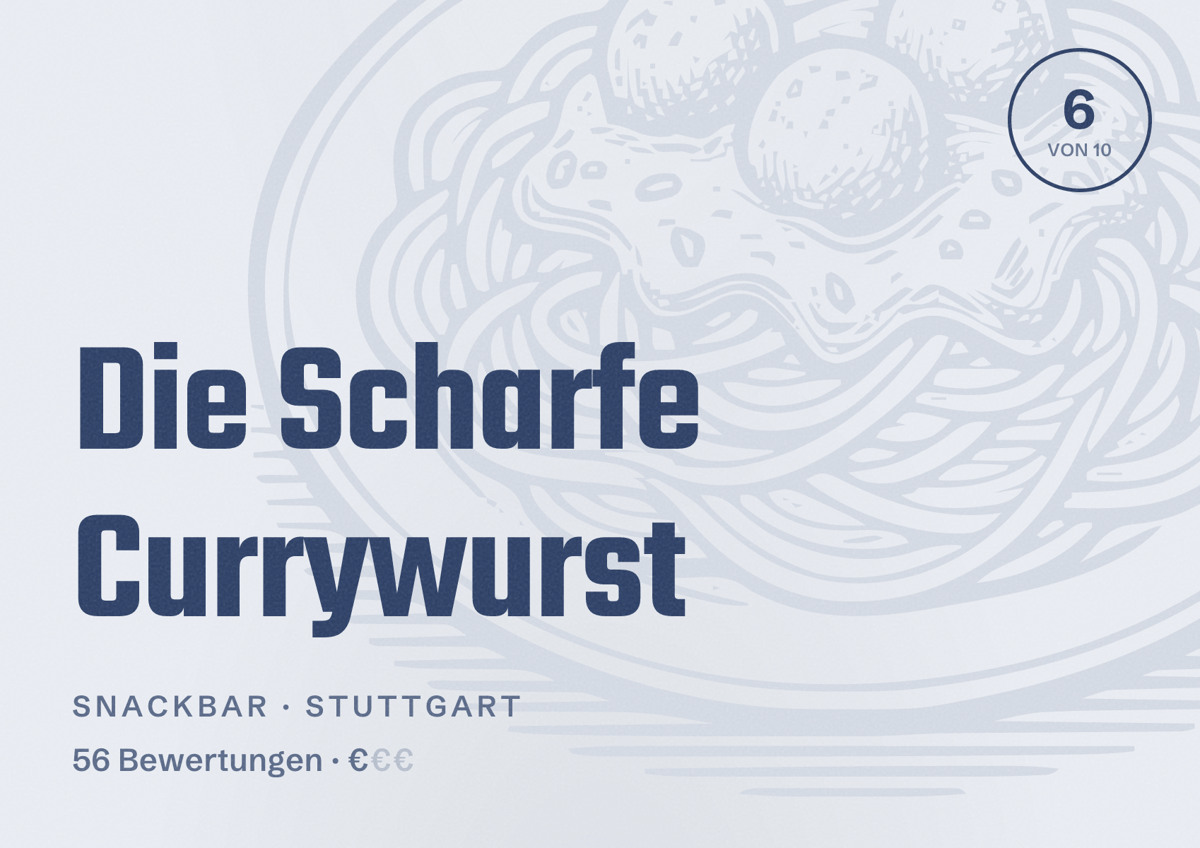 Illustriertes Poster von Die Scharfe Currywurst, Snackbar in Stuttgart: Bewertung 6 von 10 aus 56 Bewertungen, Preisniveau €