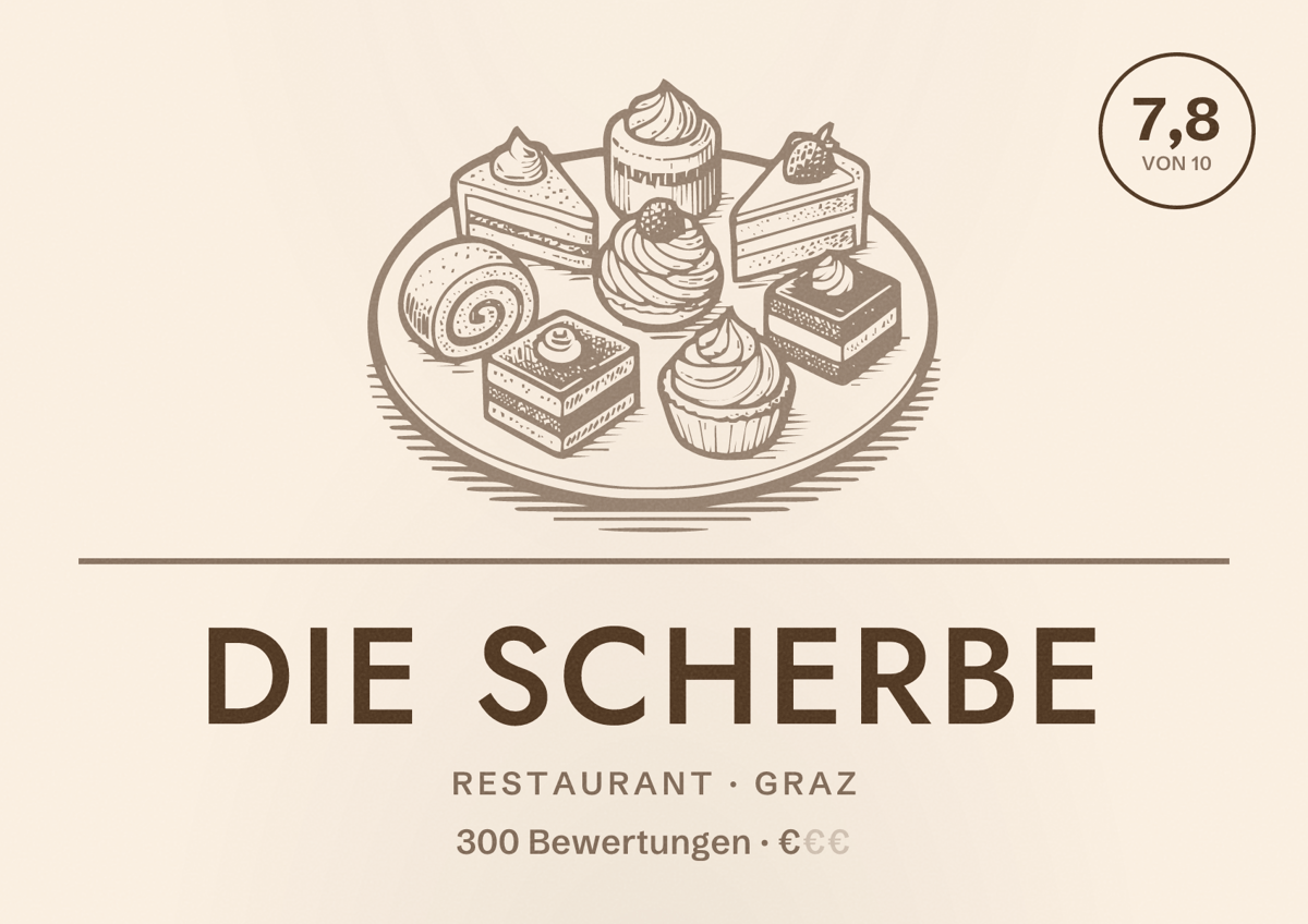 Illustriertes Poster von Die Scherbe, Restaurant in Graz: Bewertung 7,8 von 10 aus 300 Bewertungen, Preisniveau €