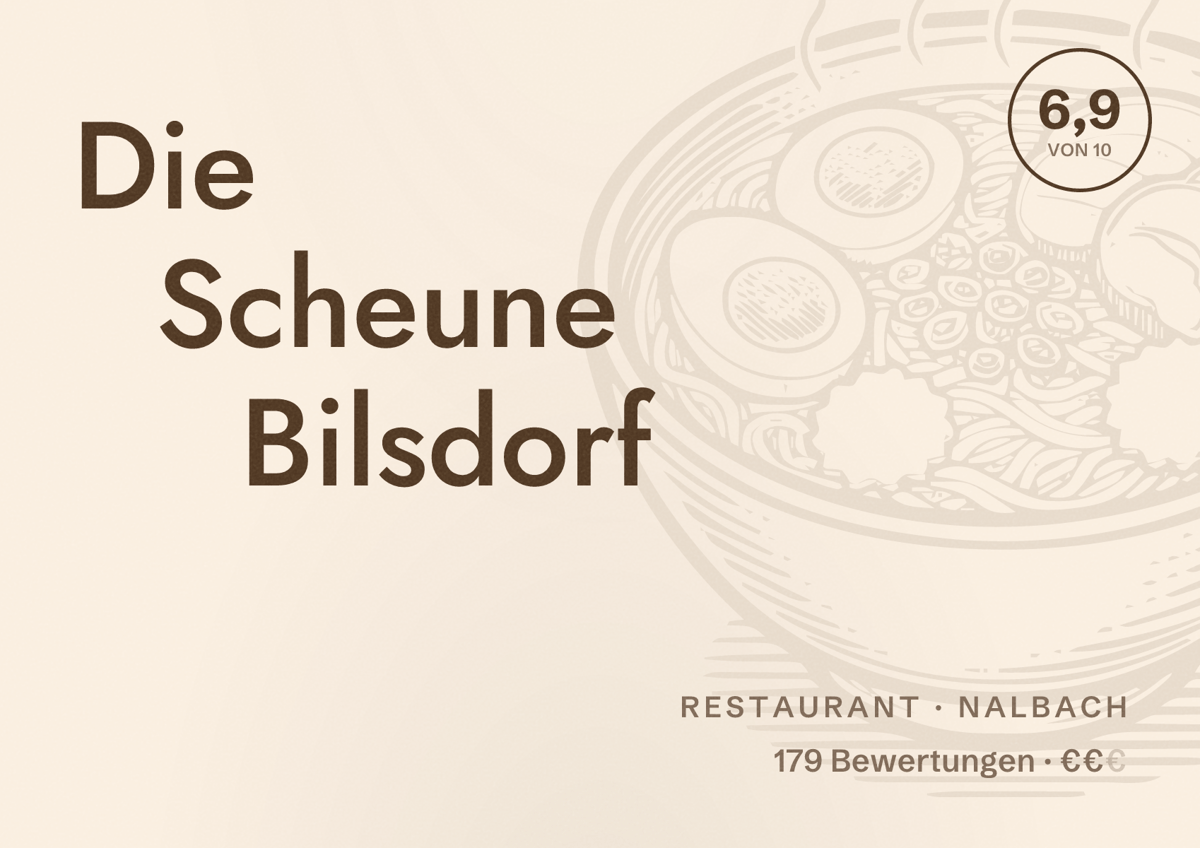 Illustriertes Poster von Die Scheune Bilsdorf, Restaurant in Nalbach: Bewertung 6,9 von 10 aus 179 Bewertungen, Preisniveau €€