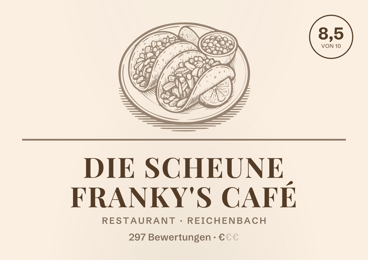 Illustriertes Poster von Die Scheune Franky's Café, Restaurant in Reichenbach: Bewertung 8,5 von 10 aus 297 Bewertungen, Preisniveau €