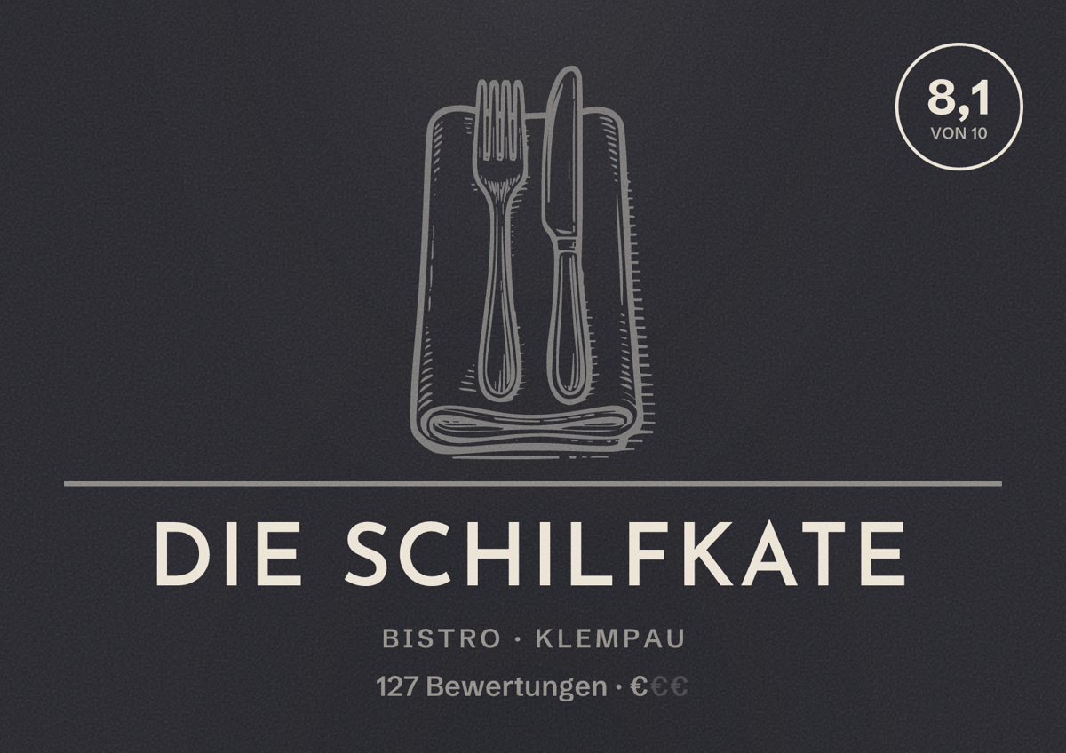 Illustriertes Poster von Die Schilfkate, Bistro in Klempau: Bewertung 8,1 von 10 aus 127 Bewertungen, Preisniveau €