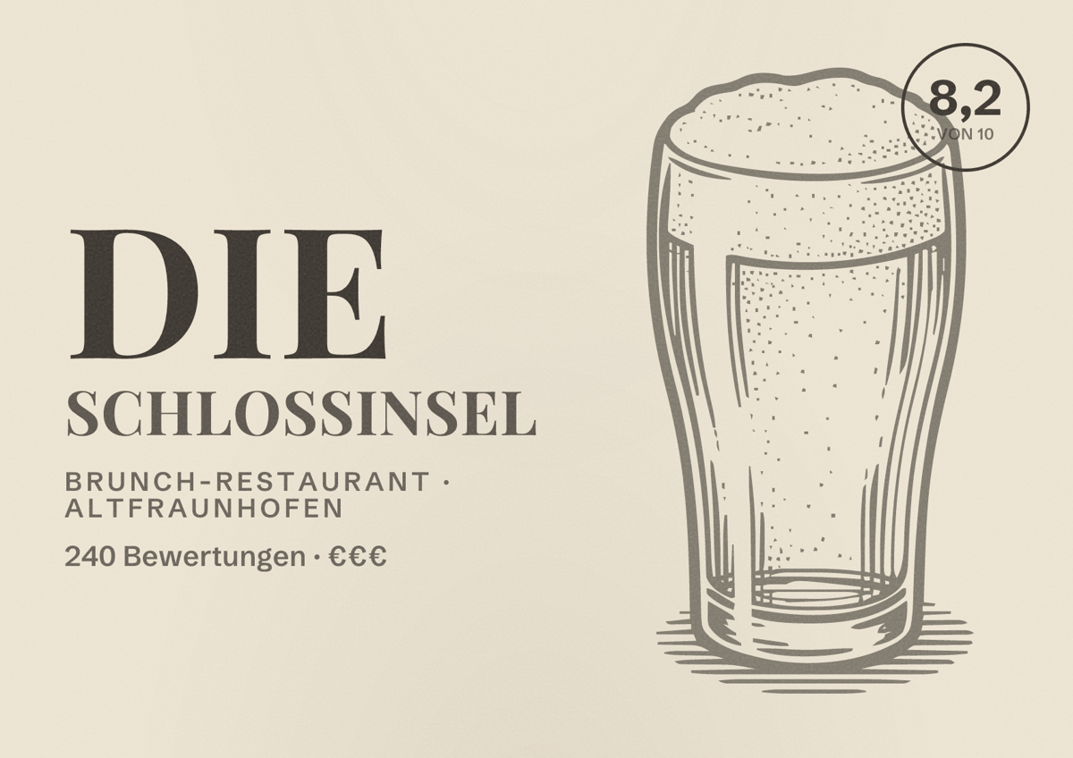 Illustriertes Poster von Die Schlossinsel, Brunch-Restaurant in Altfraunhofen: Bewertung 8,2 von 10 aus 240 Bewertungen, Preisniveau €€€