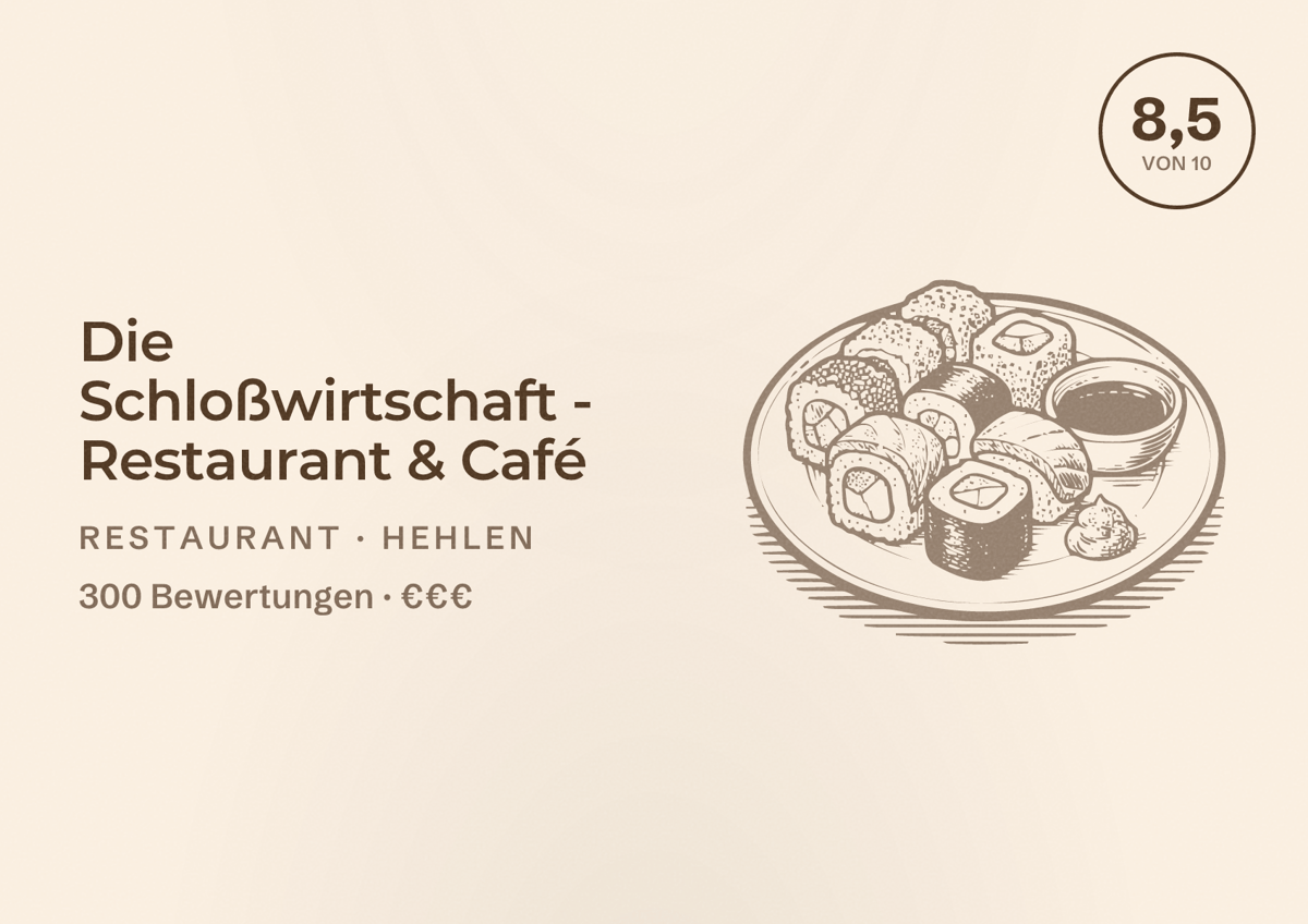 Illustriertes Poster von Die Schloßwirtschaft - Restaurant & Café, Restaurant in Hehlen: Bewertung 8,5 von 10 aus 300 Bewertungen, Preisniveau €€€