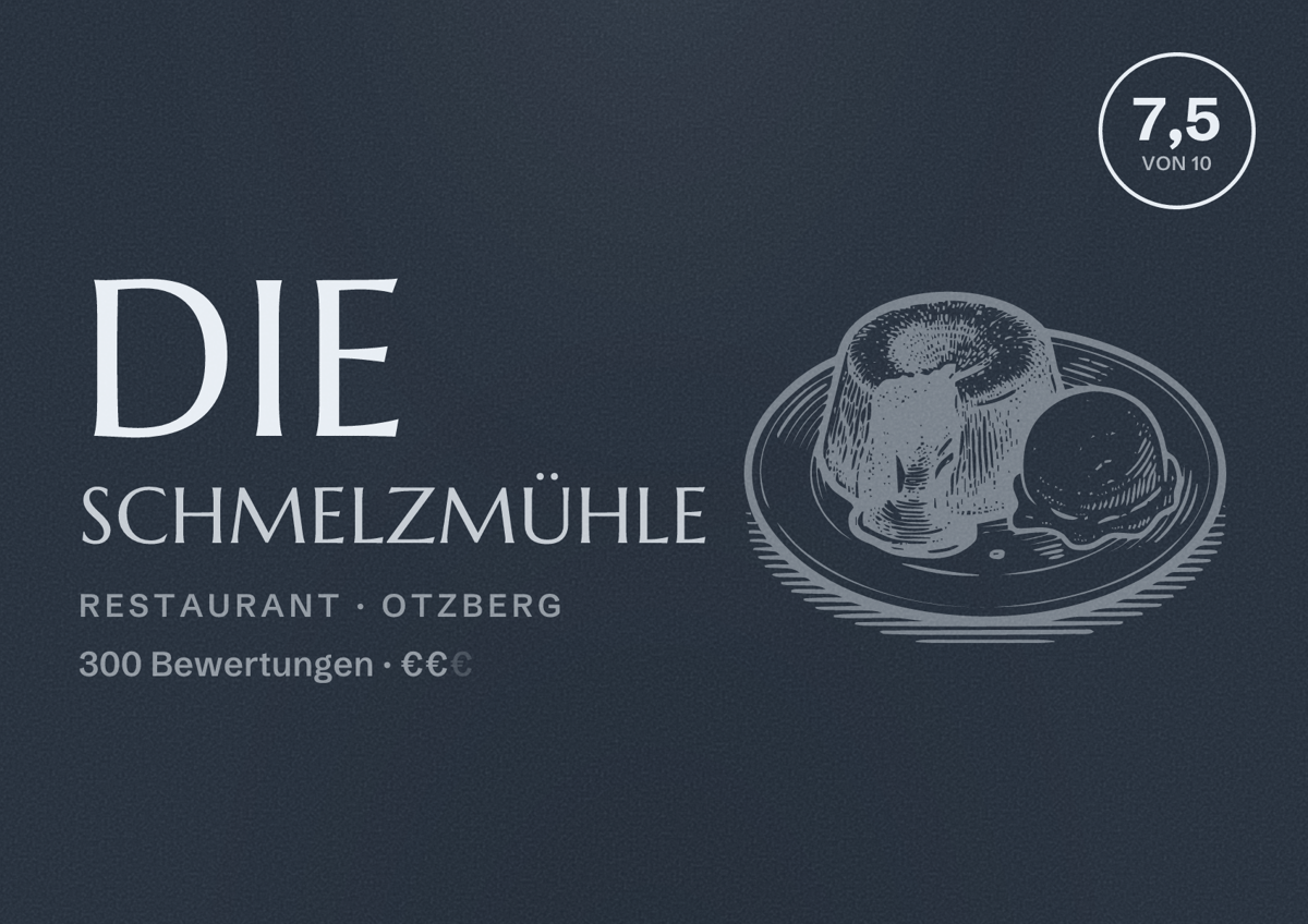 Illustriertes Poster von Die Schmelzmühle, Restaurant in Otzberg: Bewertung 7,5 von 10 aus 300 Bewertungen, Preisniveau €€