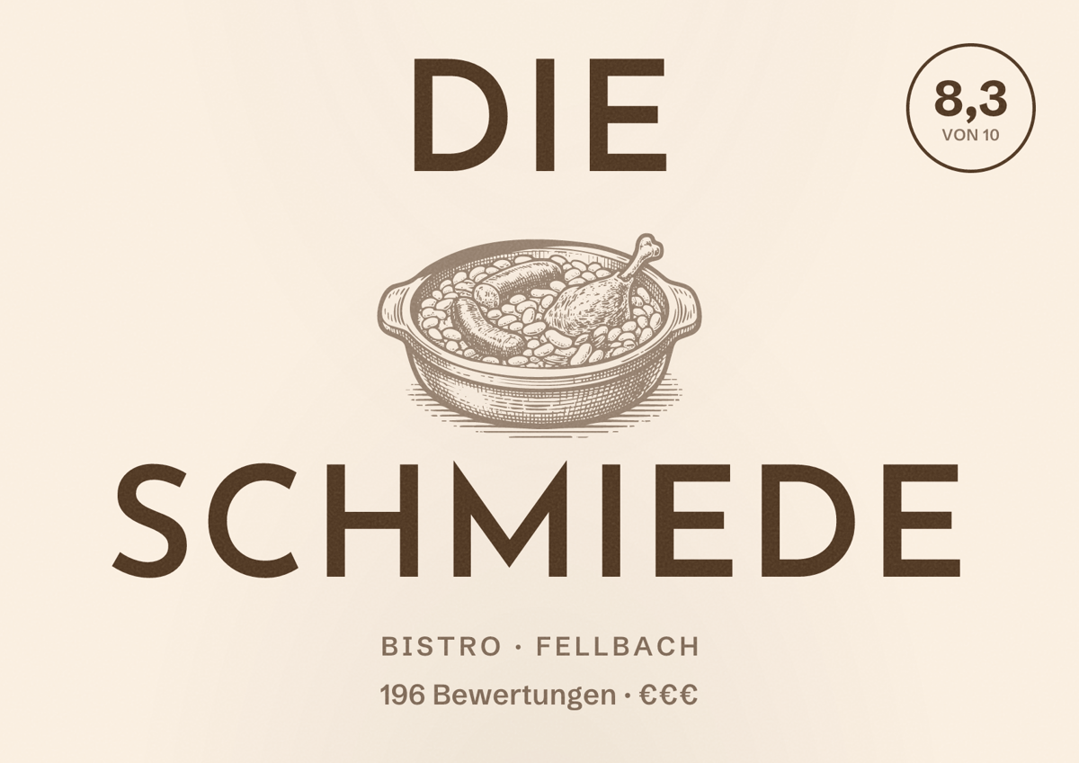 Illustriertes Poster von Die Schmiede, Bistro in Fellbach: Bewertung 8,3 von 10 aus 196 Bewertungen, Preisniveau €€€