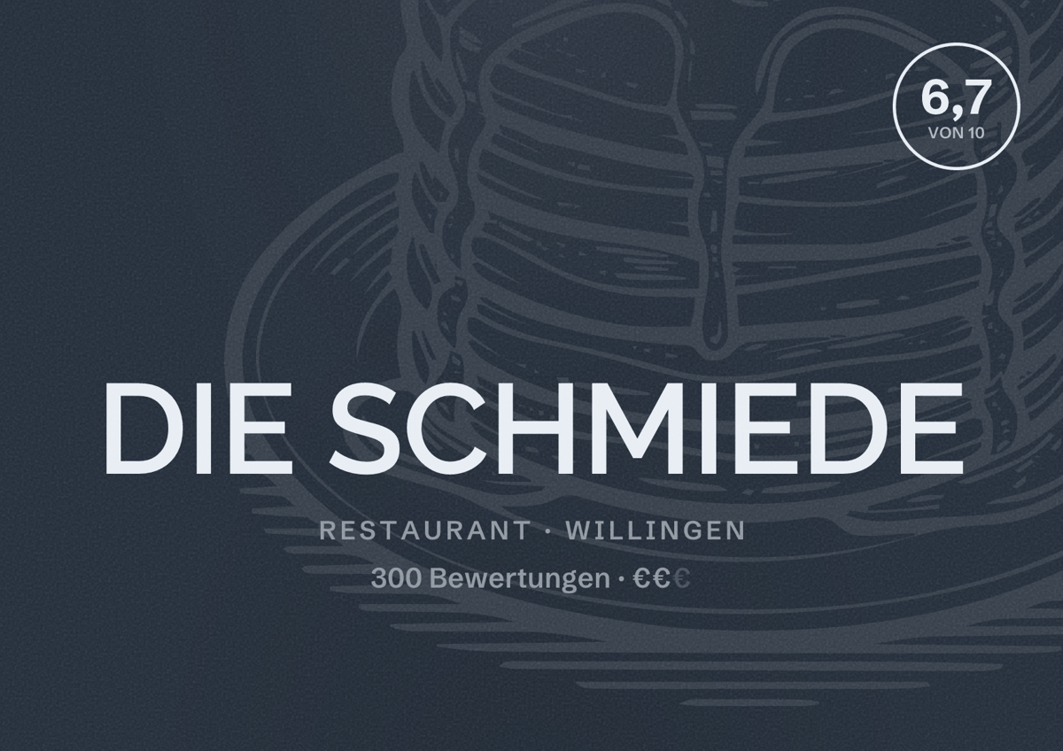 Illustriertes Poster von DIE SCHMIEDE, Restaurant in Willingen: Bewertung 6,7 von 10 aus 300 Bewertungen, Preisniveau €€