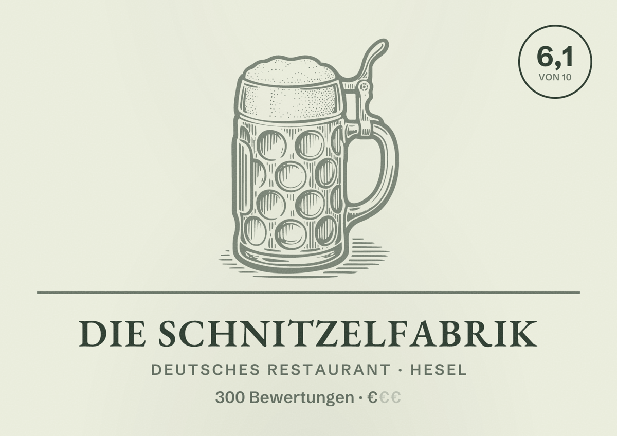 Illustriertes Poster von Die Schnitzelfabrik, Deutsches Restaurant in Hesel: Bewertung 6,1 von 10 aus 300 Bewertungen, Preisniveau €