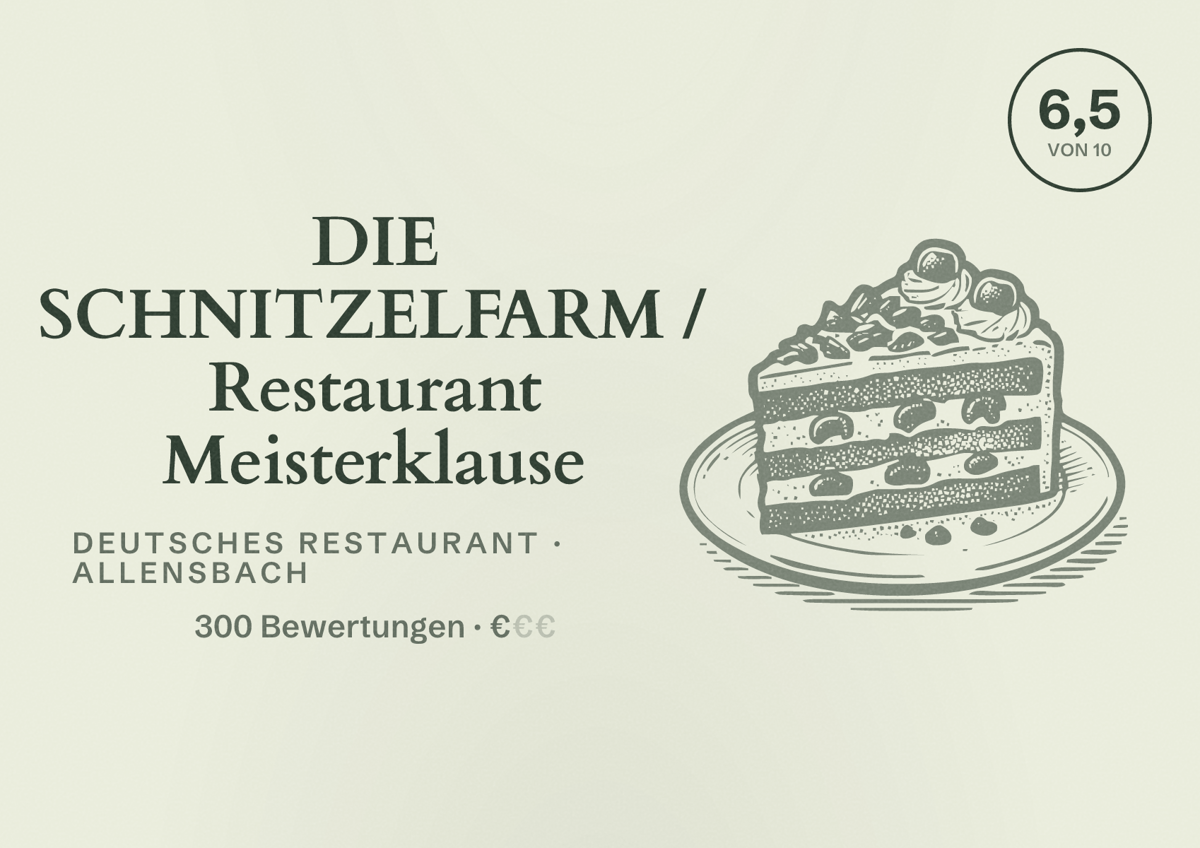 Illustriertes Poster von DIE SCHNITZELFARM / Restaurant Meisterklause, Deutsches Restaurant in Allensbach: Bewertung 6,5 von 10 aus 300 Bewertungen, Preisniveau €