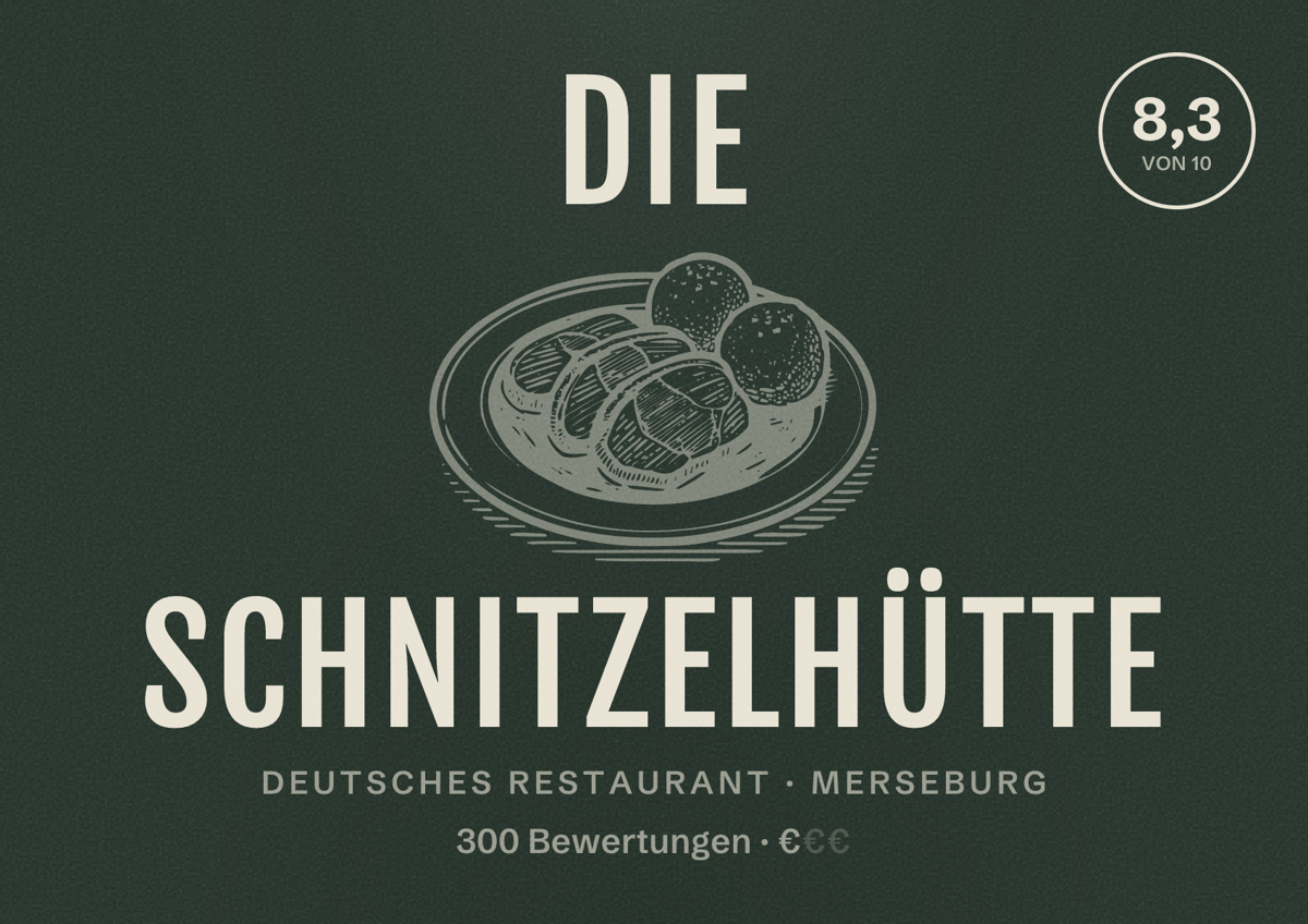 Illustriertes Poster von Die Schnitzelhütte, Deutsches Restaurant in Merseburg: Bewertung 8,3 von 10 aus 300 Bewertungen, Preisniveau €