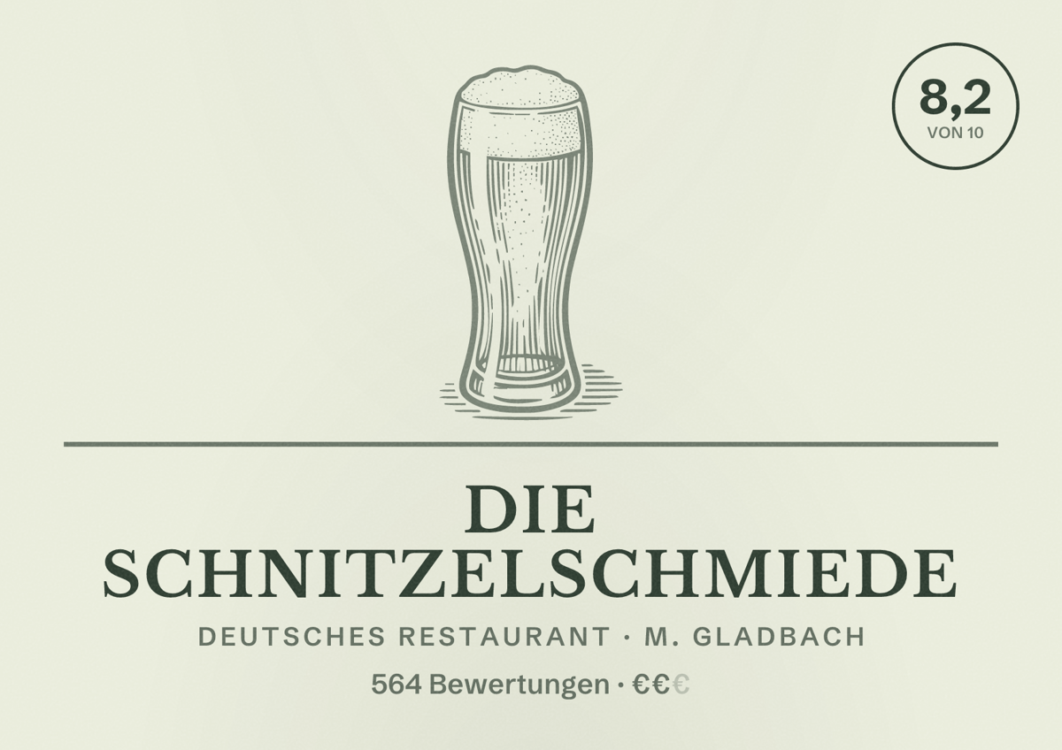 Illustriertes Poster von Die Schnitzelschmiede, Deutsches Restaurant in M. Gladbach: Bewertung 8,2 von 10 aus 564 Bewertungen, Preisniveau €€