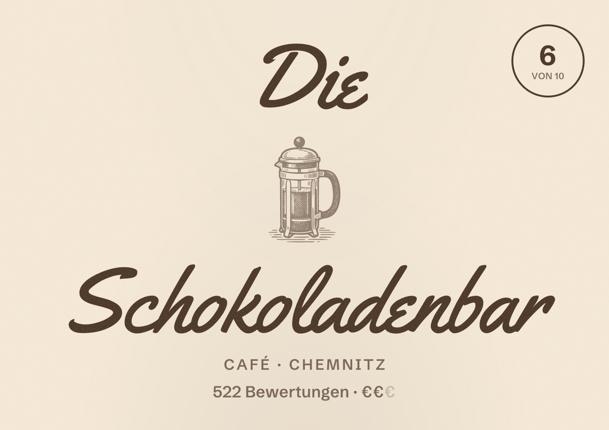 Illustriertes Poster von Die Schokoladenbar, Café in Chemnitz: Bewertung 6,0 von 10 aus 522 Bewertungen, Preisniveau €€