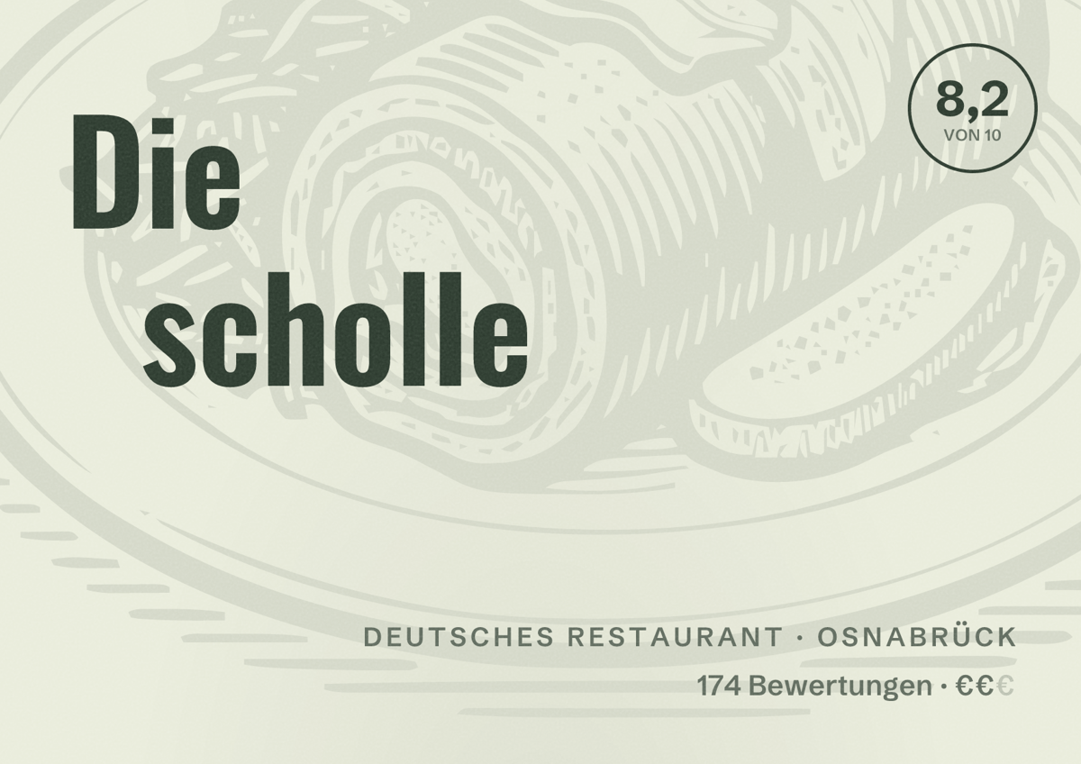 Illustriertes Poster von Die scholle, Deutsches Restaurant in Osnabrück: Bewertung 8,2 von 10 aus 174 Bewertungen, Preisniveau €€