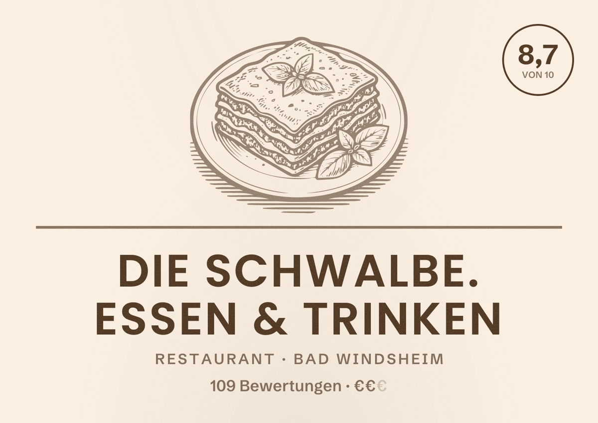 Illustriertes Poster von Die Schwalbe. Essen & Trinken, Restaurant in Bad Windsheim: Bewertung 8,7 von 10 aus 109 Bewertungen, Preisniveau €€