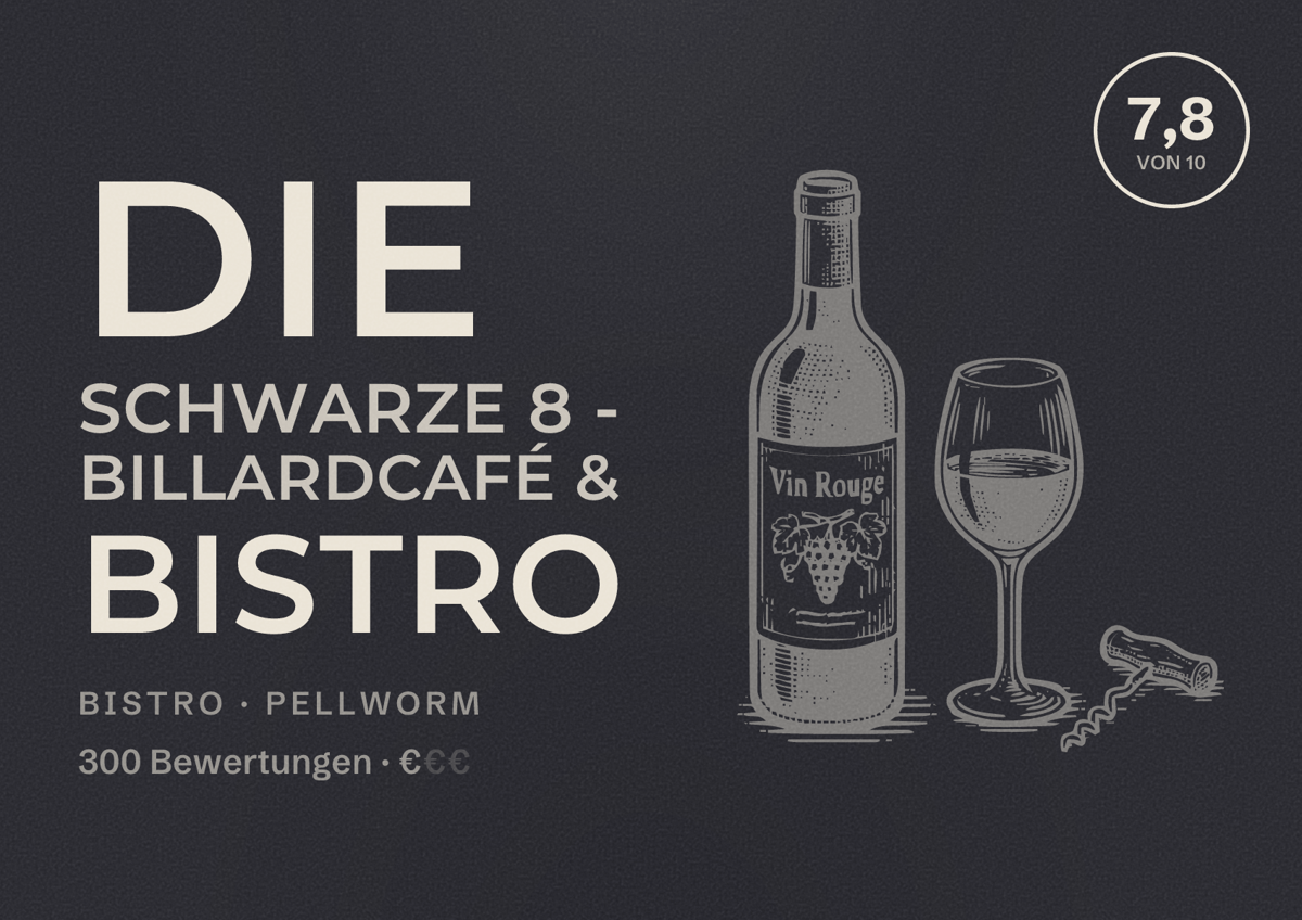 Illustriertes Poster von Die Schwarze 8 - Billardcafé & Bistro, Bistro in Pellworm: Bewertung 7,8 von 10 aus 300 Bewertungen, Preisniveau €