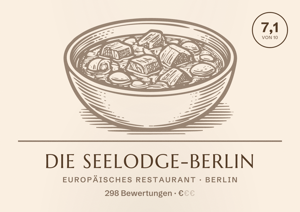 Illustriertes Poster von Die Seelodge-Berlin, Europäisches Restaurant in Berlin: Bewertung 7,1 von 10 aus 298 Bewertungen, Preisniveau €