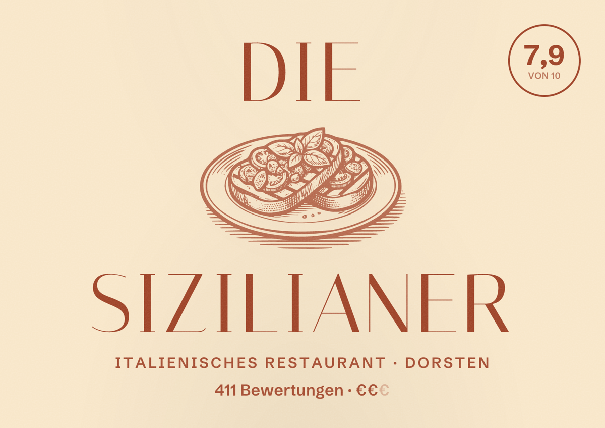 Illustriertes Poster von Die Sizilianer, Italienisches Restaurant in Dorsten: Bewertung 7,9 von 10 aus 411 Bewertungen, Preisniveau €€