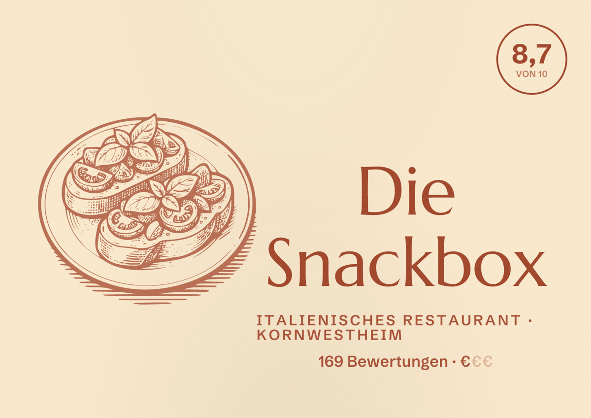 Illustriertes Poster von Die Snackbox, Italienisches Restaurant in Kornwestheim: Bewertung 8,7 von 10 aus 169 Bewertungen, Preisniveau €