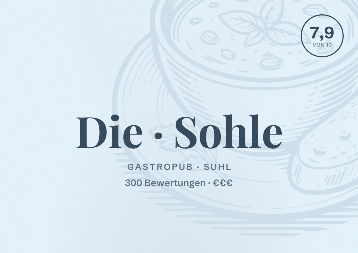 Illustriertes Poster von Die Sohle, Gastropub in Suhl: Bewertung 7,9 von 10 aus 300 Bewertungen, Preisniveau €€€