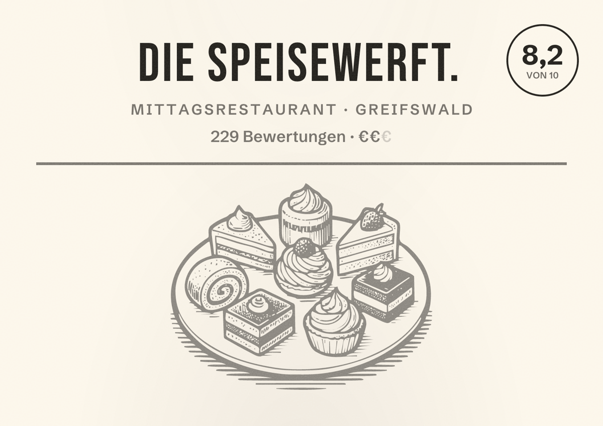 Illustriertes Poster von Die Speisewerft., Mittagsrestaurant in Greifswald: Bewertung 8,2 von 10 aus 229 Bewertungen, Preisniveau €€