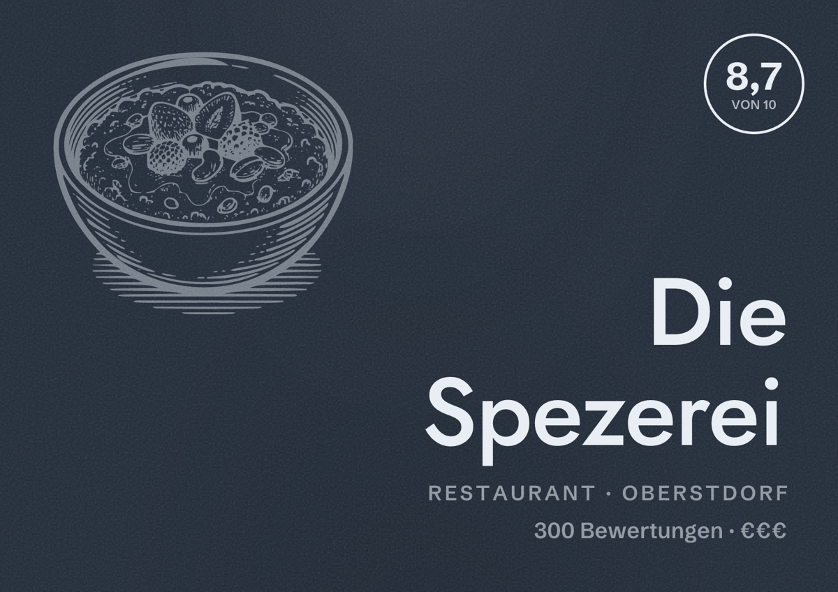 Illustriertes Poster von Die Spezerei, Restaurant in Oberstdorf: Bewertung 8,7 von 10 aus 300 Bewertungen, Preisniveau €€€