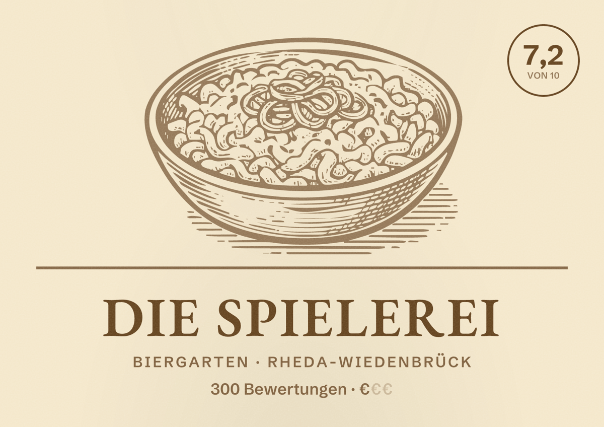 Illustriertes Poster von Die Spielerei, Biergarten in Rheda-Wiedenbrück: Bewertung 7,2 von 10 aus 300 Bewertungen, Preisniveau €