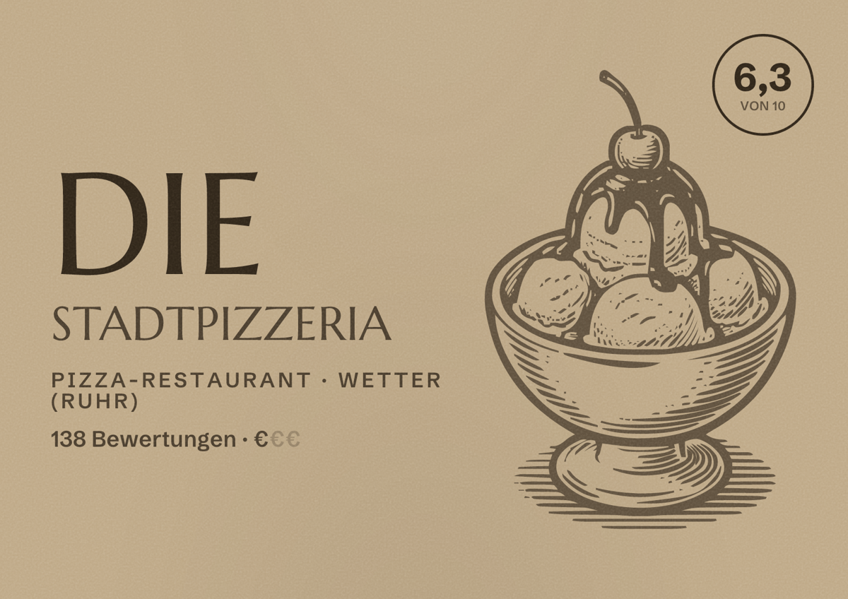 Illustriertes Poster von Die Stadtpizzeria, Pizza-Restaurant in Wetter (Ruhr): Bewertung 6,3 von 10 aus 138 Bewertungen, Preisniveau €