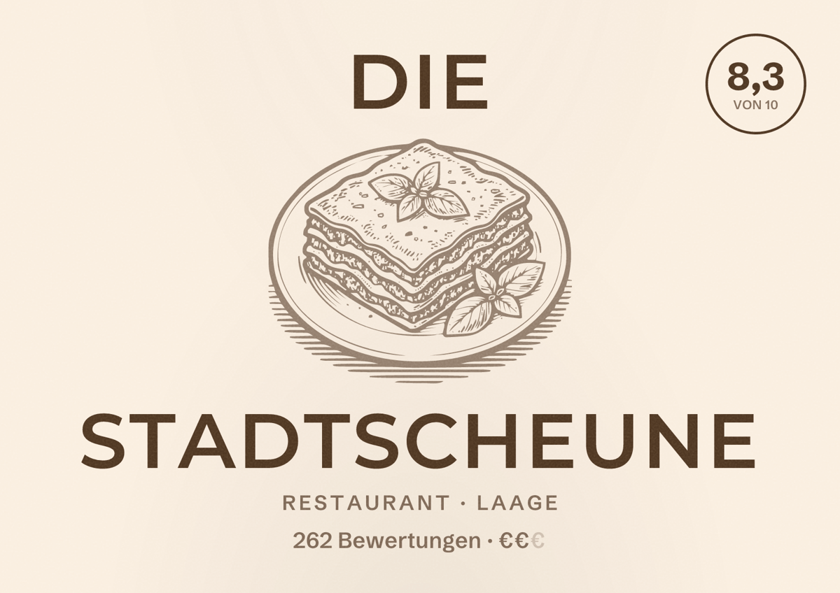 Illustriertes Poster von Die Stadtscheune, Restaurant in Laage: Bewertung 8,3 von 10 aus 262 Bewertungen, Preisniveau €€