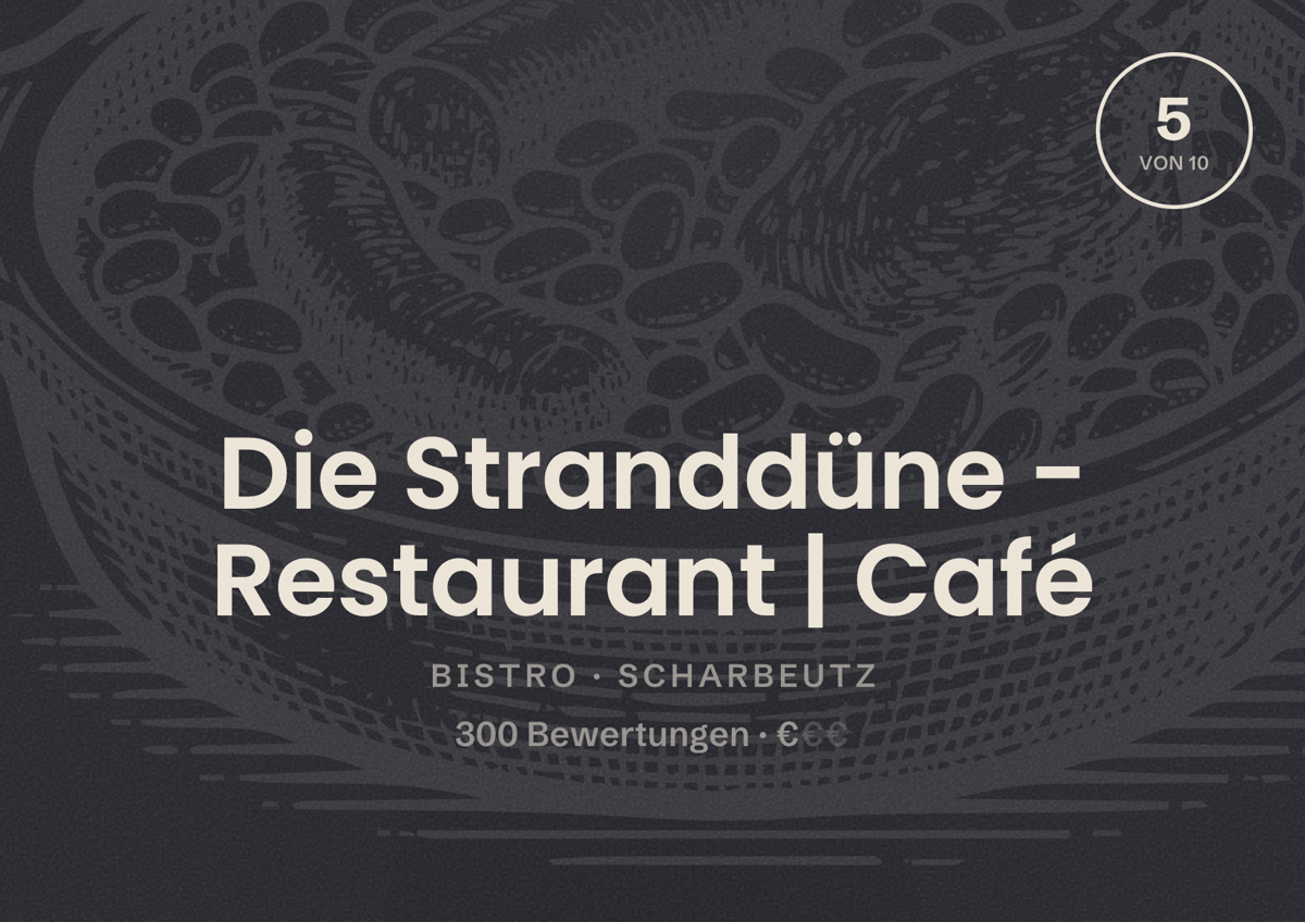 Illustriertes Poster von Die Stranddüne - Restaurant | Café, Bistro in Scharbeutz: Bewertung 5 von 10 aus 300 Bewertungen, Preisniveau €