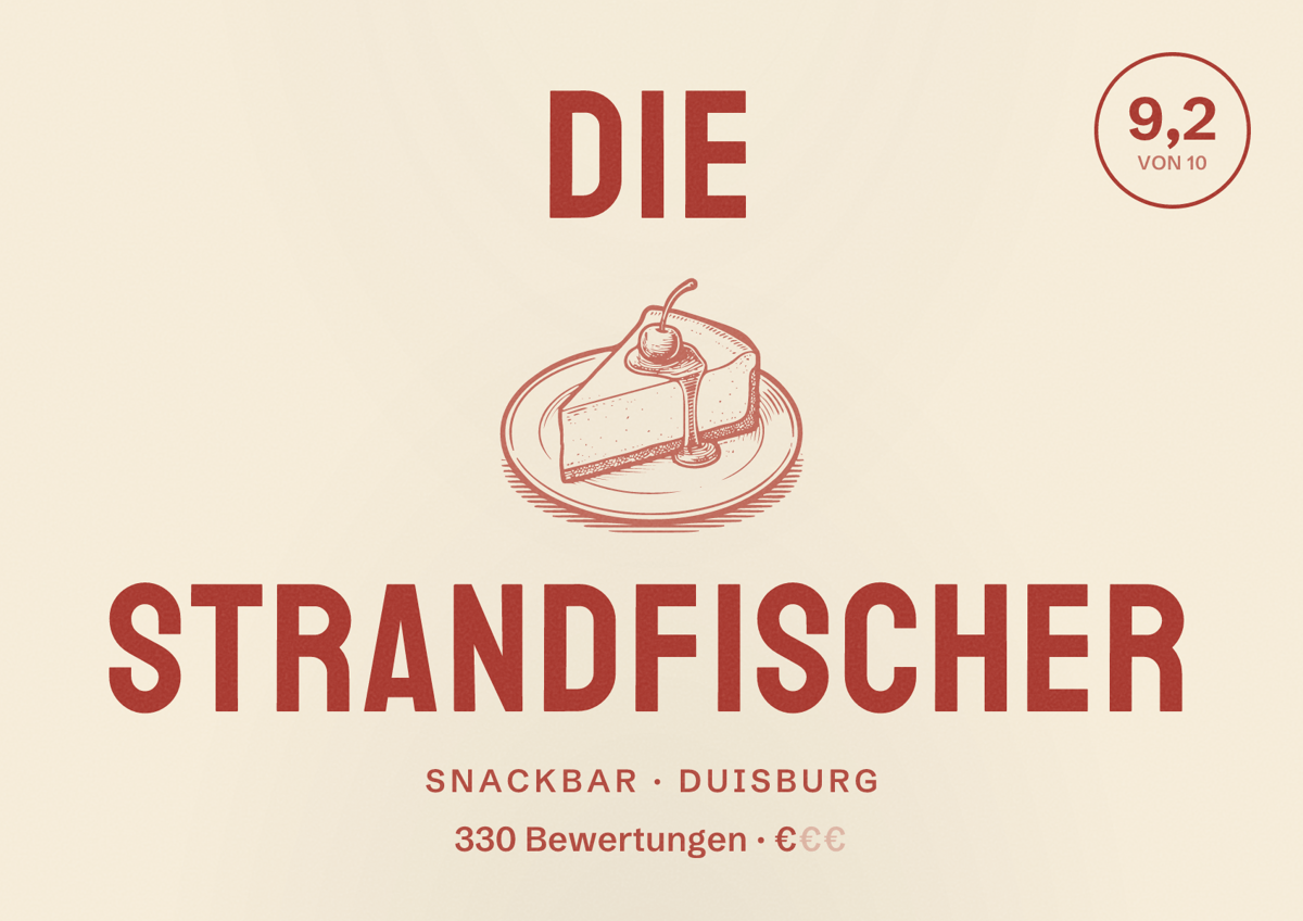 Illustriertes Poster von DIE STRANDFISCHER, Snackbar in Duisburg: Bewertung 9,2 von 10 aus 330 Bewertungen, Preisniveau €