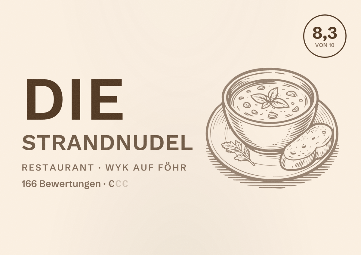 Illustriertes Poster von Die Strandnudel, Restaurant in Wyk auf Föhr: Bewertung 8,3 von 10 aus 166 Bewertungen, Preisniveau €