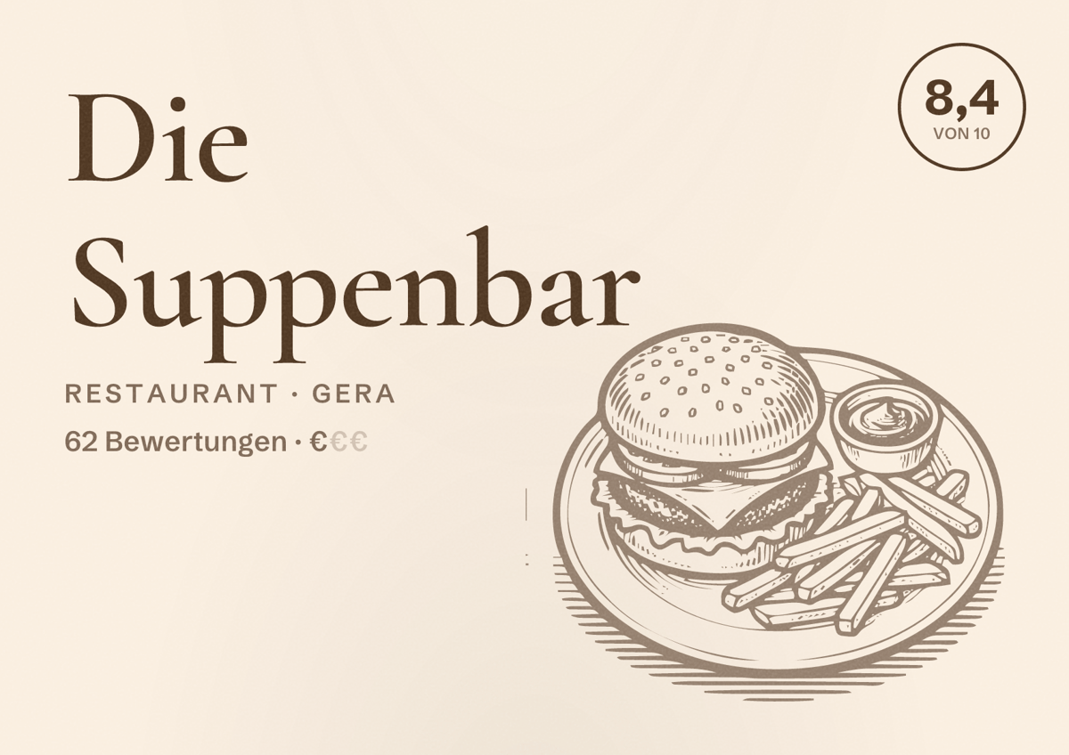 Illustriertes Poster von Die Suppenbar, Restaurant in Gera: Bewertung 8,4 von 10 aus 62 Bewertungen, Preisniveau €