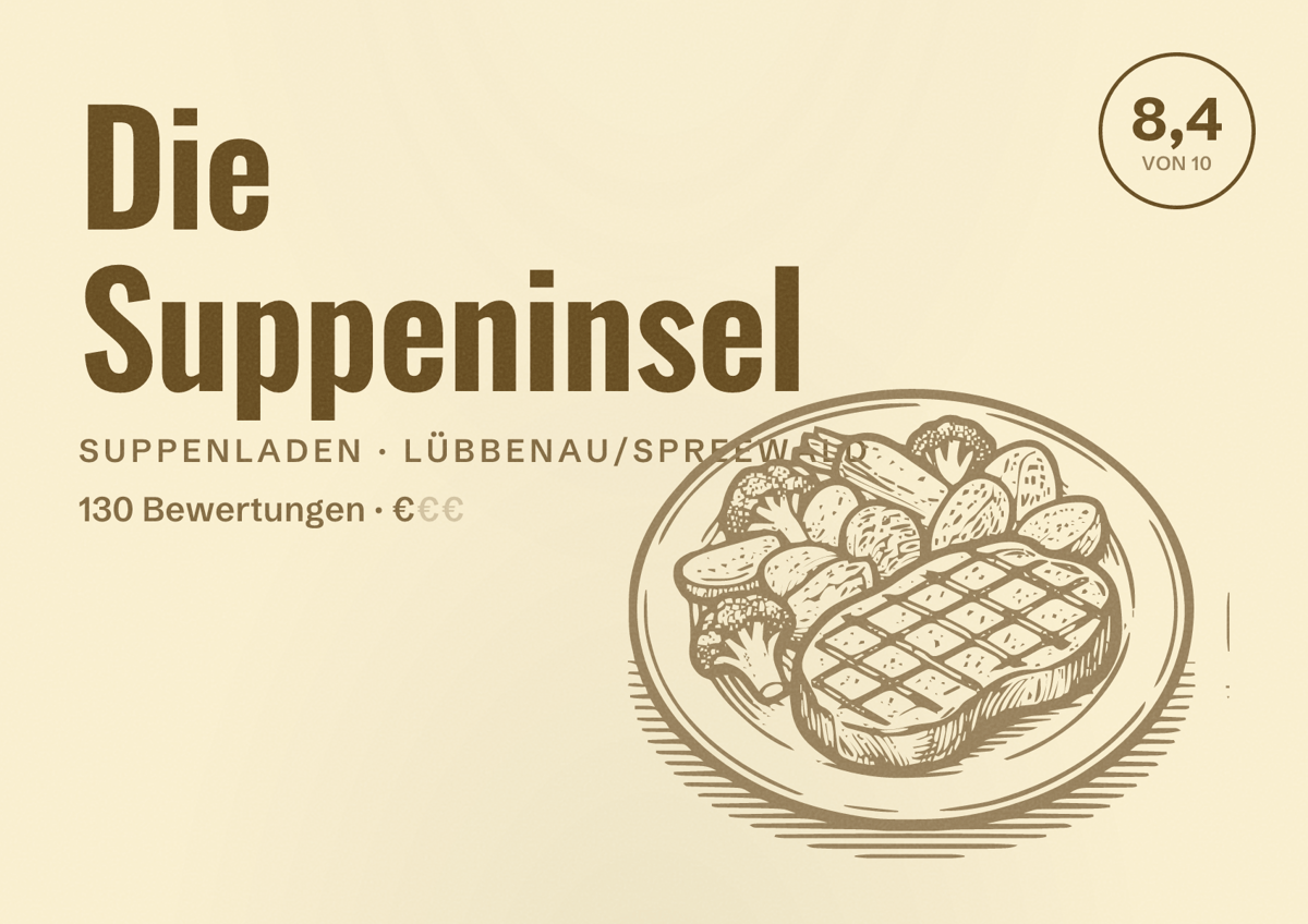 Illustriertes Poster von Die Suppeninsel, Suppenladen in Lübbenau/Spreewald: Bewertung 8,4 von 10 aus 130 Bewertungen, Preisniveau €