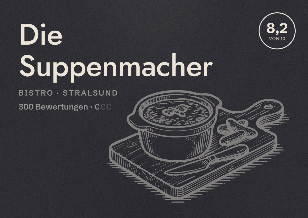 Illustriertes Poster von Die Suppenmacher, Bistro in Stralsund: Bewertung 8,2 von 10 aus 300 Bewertungen, Preisniveau €