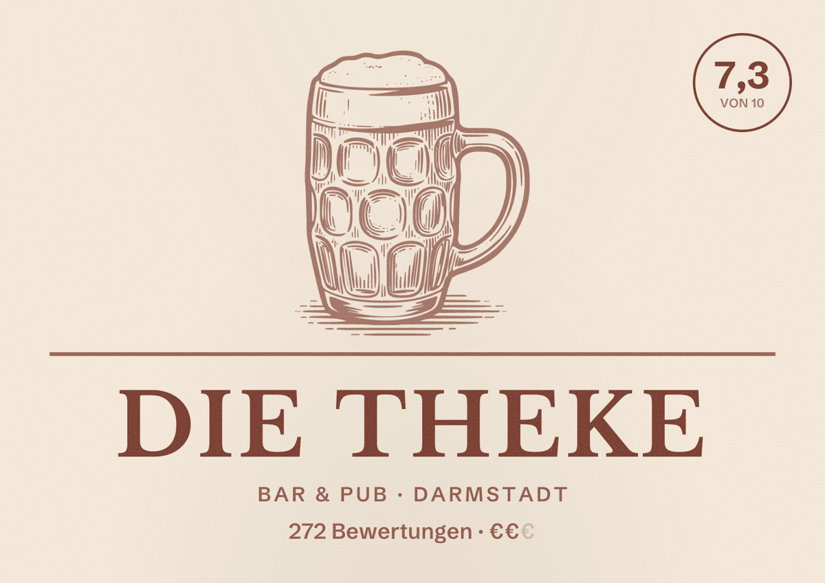 Illustriertes Poster von Die Theke, Bar & Pub in Darmstadt: Bewertung 7,3 von 10 aus 272 Bewertungen, Preisniveau €€