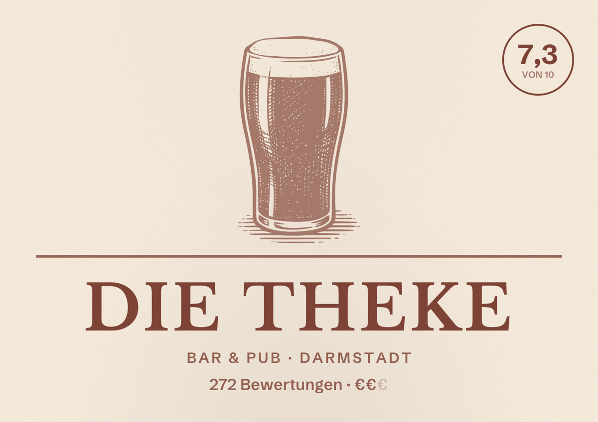 Illustriertes Poster von Die Theke, Bar & Pub in Darmstadt: Bewertung 7,3 von 10 aus 272 Bewertungen, Preisniveau €€