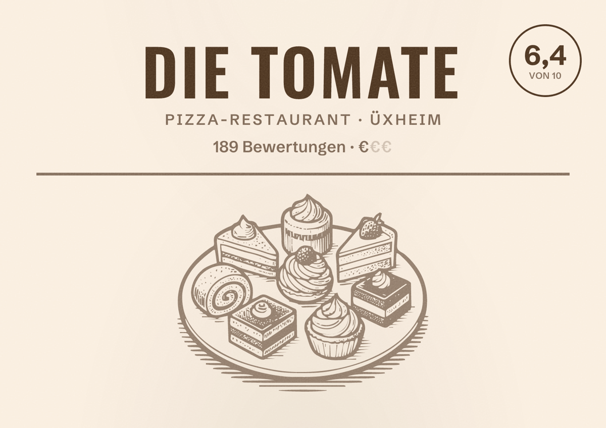 Illustriertes Poster von die tomate, Pizza-Restaurant in Üxheim: Bewertung 6,4 von 10 aus 189 Bewertungen, Preisniveau €