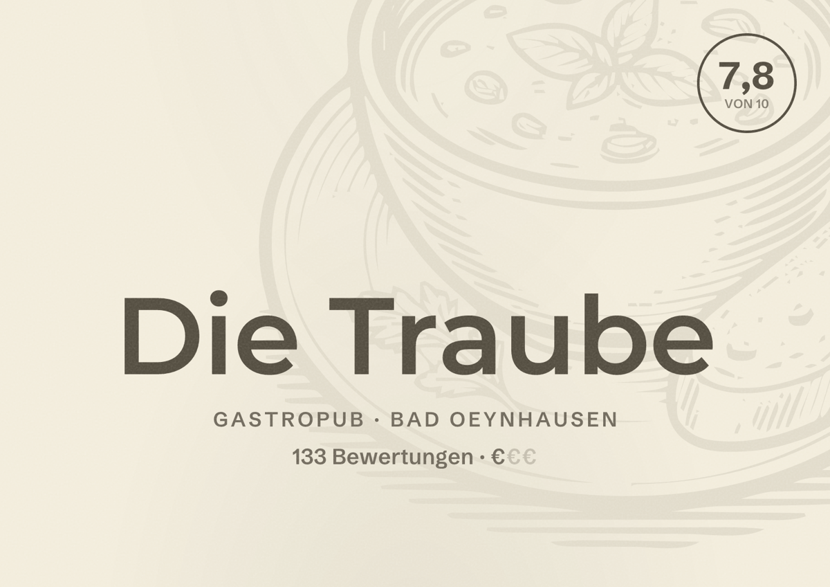 Illustriertes Poster von Die Traube, Gastropub in Bad Oeynhausen: Bewertung 7,8 von 10 aus 133 Bewertungen, Preisniveau €