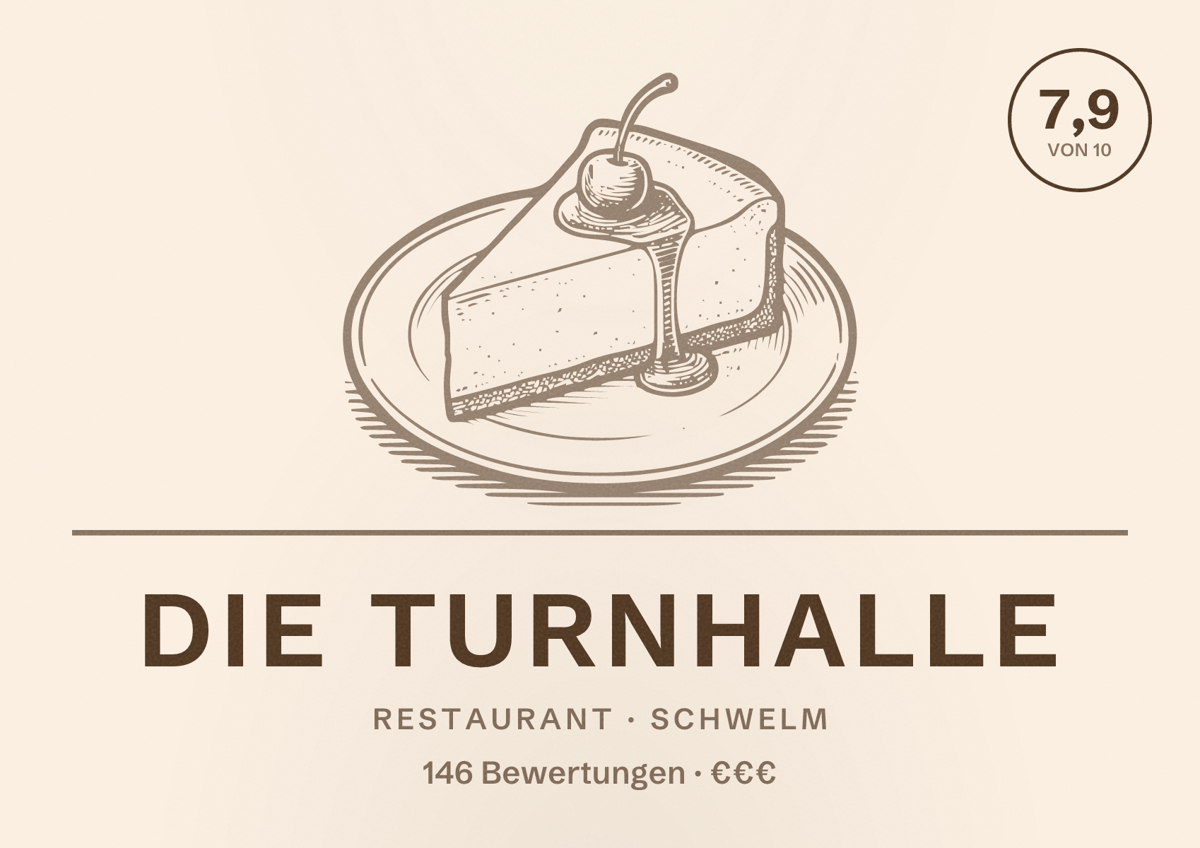 Illustriertes Poster von Die Turnhalle, Restaurant in Schwelm: Bewertung 7,9 von 10 aus 146 Bewertungen, Preisniveau €€€