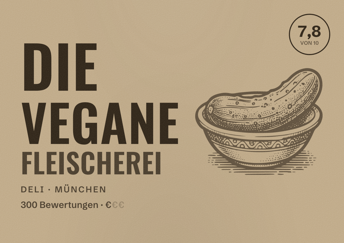 Illustriertes Poster von Die Vegane Fleischerei, Deli in München: Bewertung 7,8 von 10 aus 300 Bewertungen, Preisniveau €