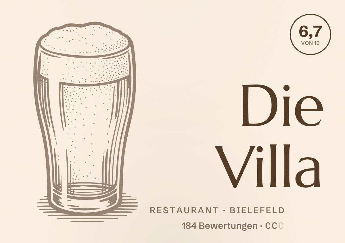 Illustriertes Poster von Die Villa, Restaurant in Bielefeld: Bewertung 6,7 von 10 aus 184 Bewertungen, Preisniveau €€