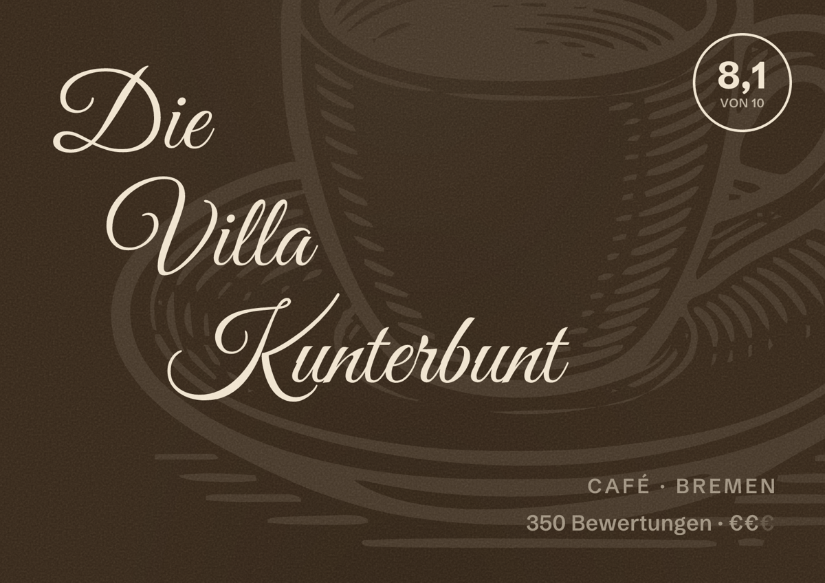 Illustriertes Poster von Die Villa Kunterbunt, Café in Bremen: Bewertung 8,1 von 10 aus 350 Bewertungen, Preisniveau €€
