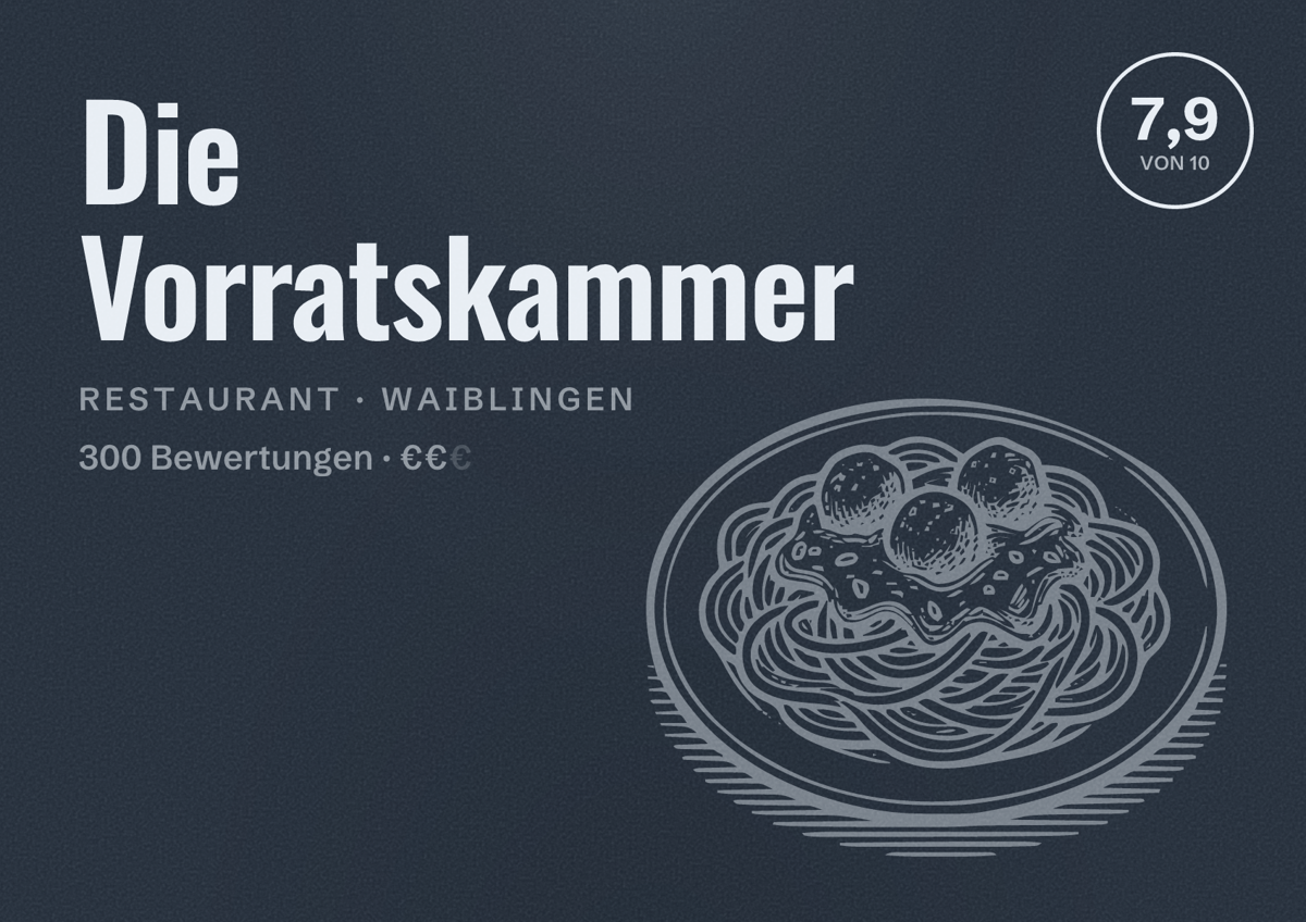 Illustriertes Poster von Die Vorratskammer, Restaurant in Waiblingen: Bewertung 7,9 von 10 aus 300 Bewertungen, Preisniveau €€